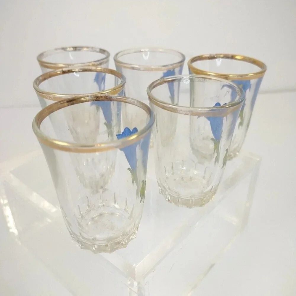 Vintage Shot Glasses With Blue Flower Pattern France Set of Six - Picture 8 of 11